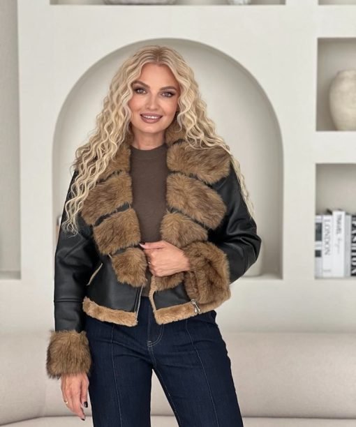 Dirbtinės odos striukė su dirbtinio kailio detalėmis, camel