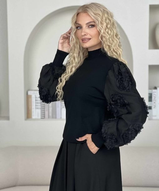 Alternative view of Elegantiška palaidinė, rankovės su gėlėmis, juoda