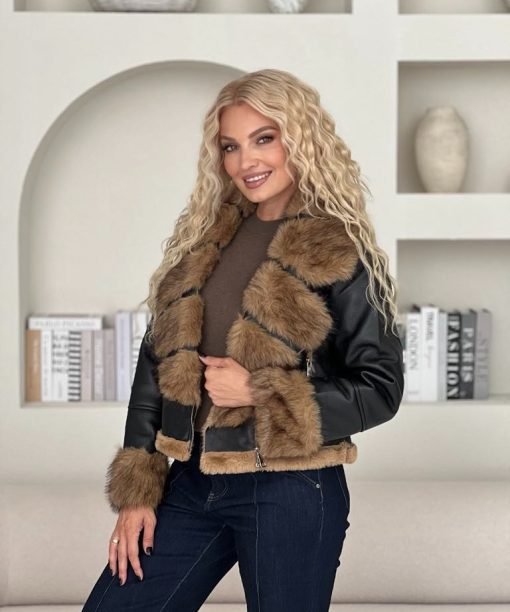 Alternative view of Dirbtinės odos striukė su dirbtinio kailio detalėmis, camel