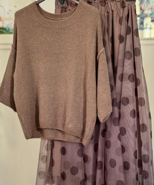 Megztinis su baby alpaka, 3/4 rankovės, kapučino spalvos